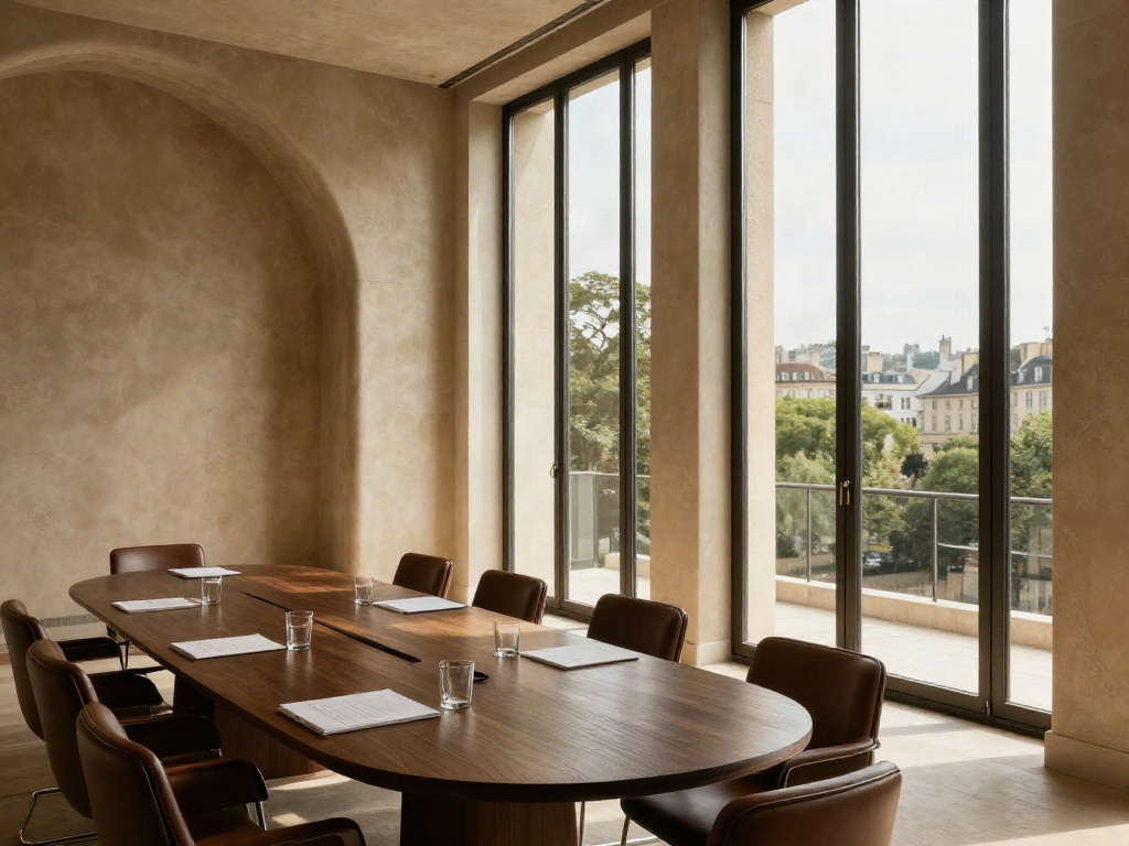Sunlit contemporary boardroom with a long oak table and views across a European city